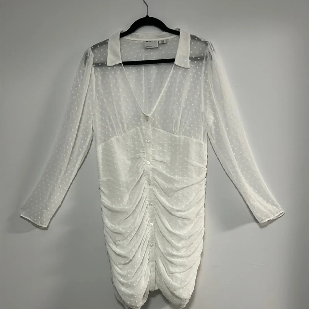 Chic White Ruched Dress with Sheer Sleeves - Picture 6 of 13